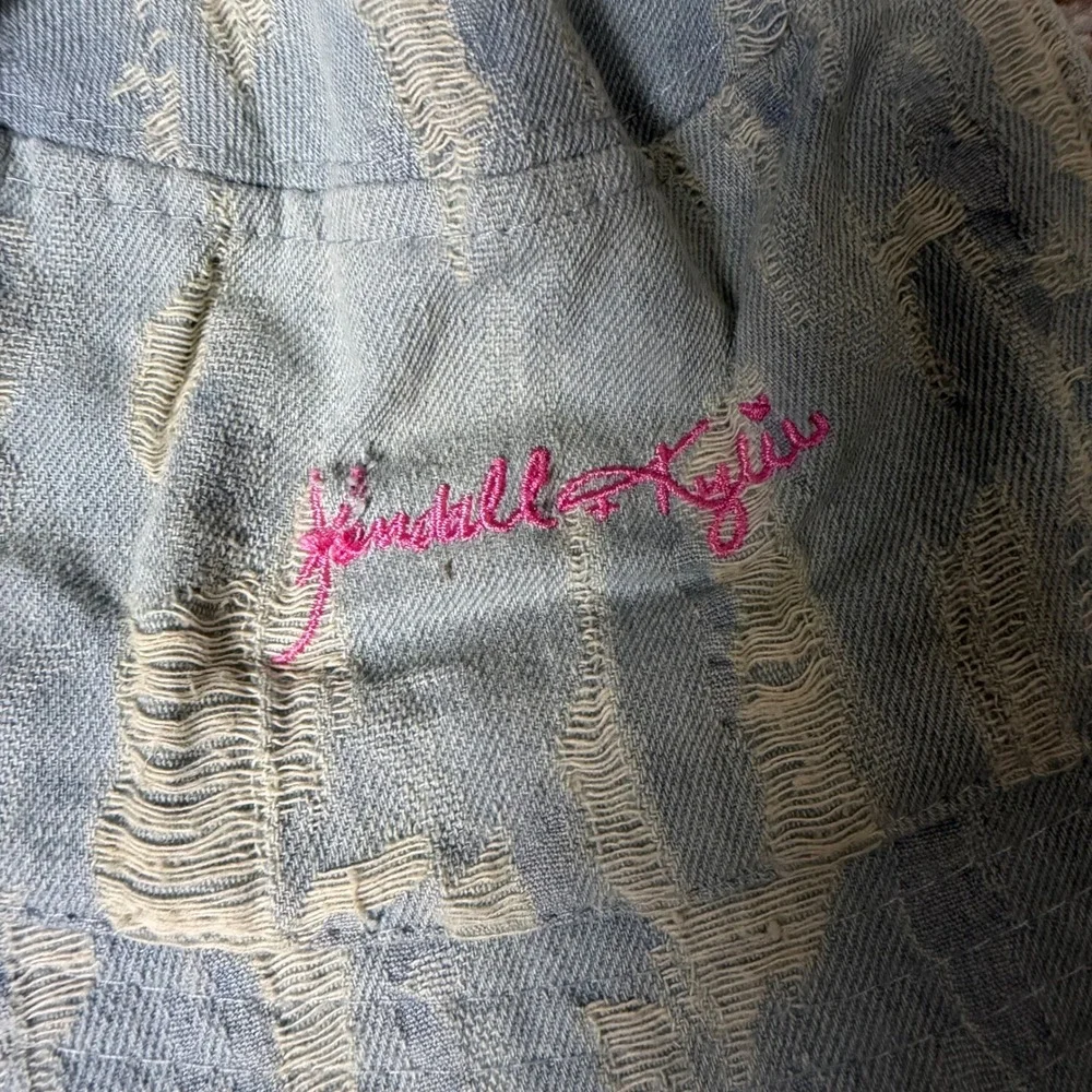 Kendall + Kylie Light Wash Distressed Denim Bucket Hat Pink Logo O/S